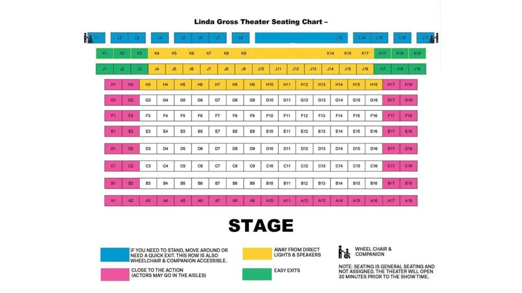 Linda Gross Theater seating chart showing seat locations. Wheelchair accessible seating is indicated.