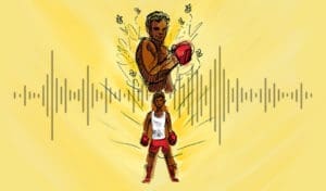 Illustration of young Cassius Clay boxing, overlaid with soundwave graphic.