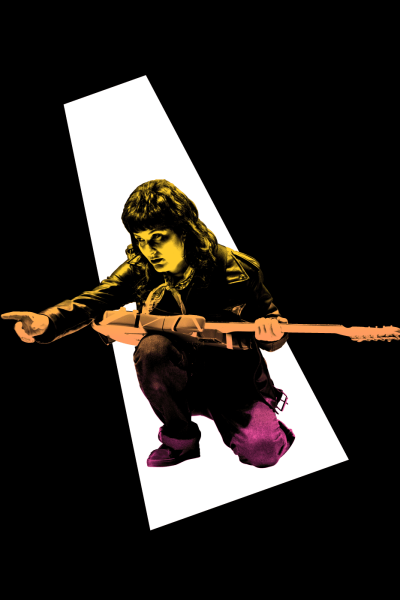 A female rock musician kneels, playing an electric guitar.