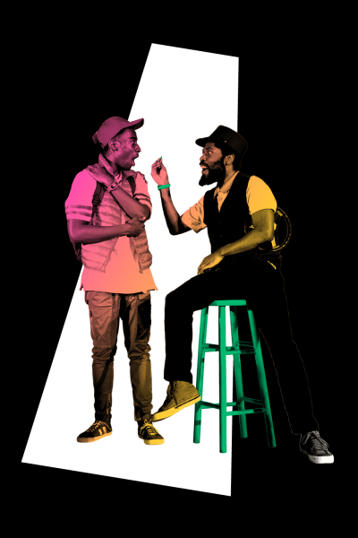 Two men in casual wear having a conversation, one seated on a green stool.