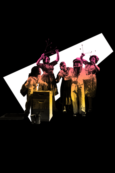 Five women tending to beehives, exploring the secret life of bees.