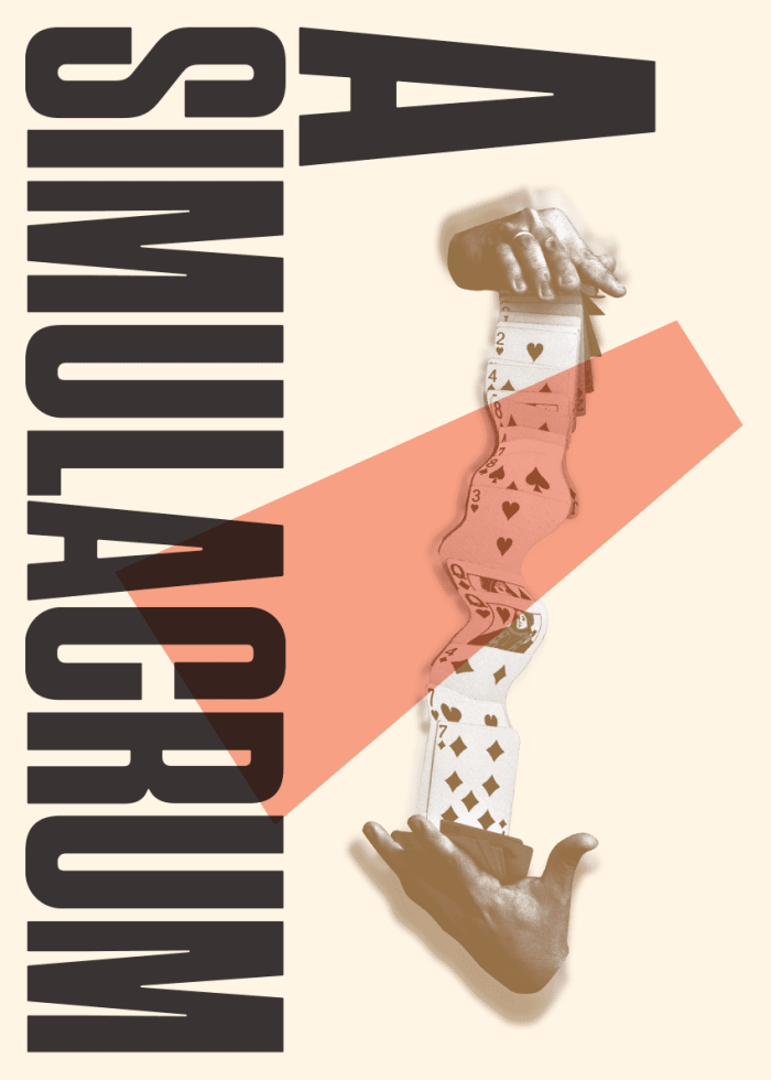 A Simulacrum: Hands manipulate a cascading deck of cards, a visual metaphor for illusion and deception.