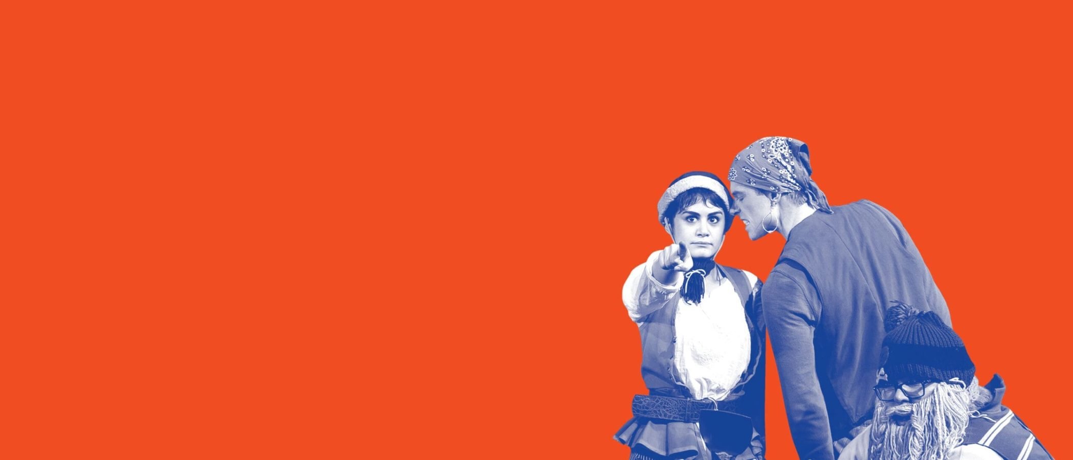 Three child actors in pirate costumes; one points accusingly.