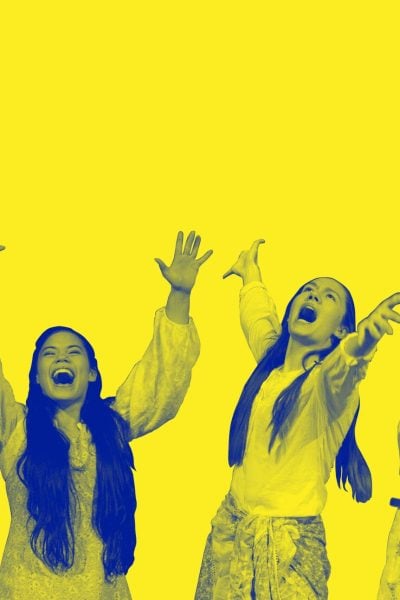 Three girls expressing different emotions: joy, sadness, and neutrality.