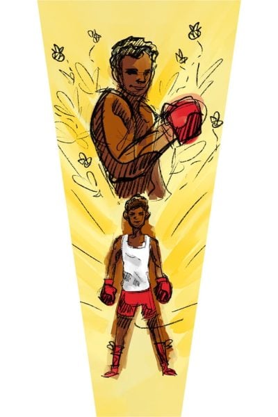 Young boxer admires a powerful Cassius Clay-inspired illustration.