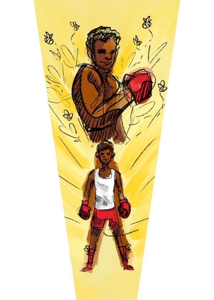 Young boxer admires a powerful Cassius Clay-inspired illustration.