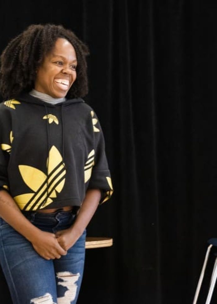 Ngozi Anyanwu smiles on stage, promoting The Last of the Love Letters at Off-Broadway's Atlantic.