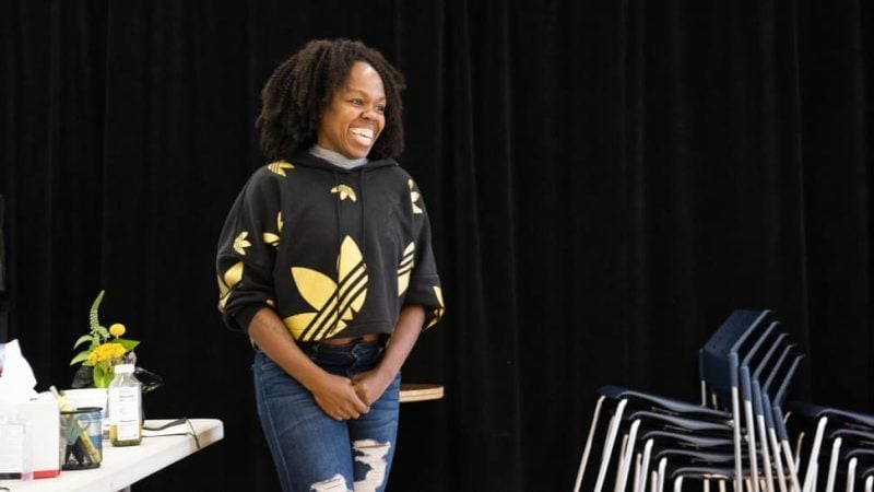 Ngozi Anyanwu smiles on stage, promoting The Last of the Love Letters at Off-Broadway's Atlantic.