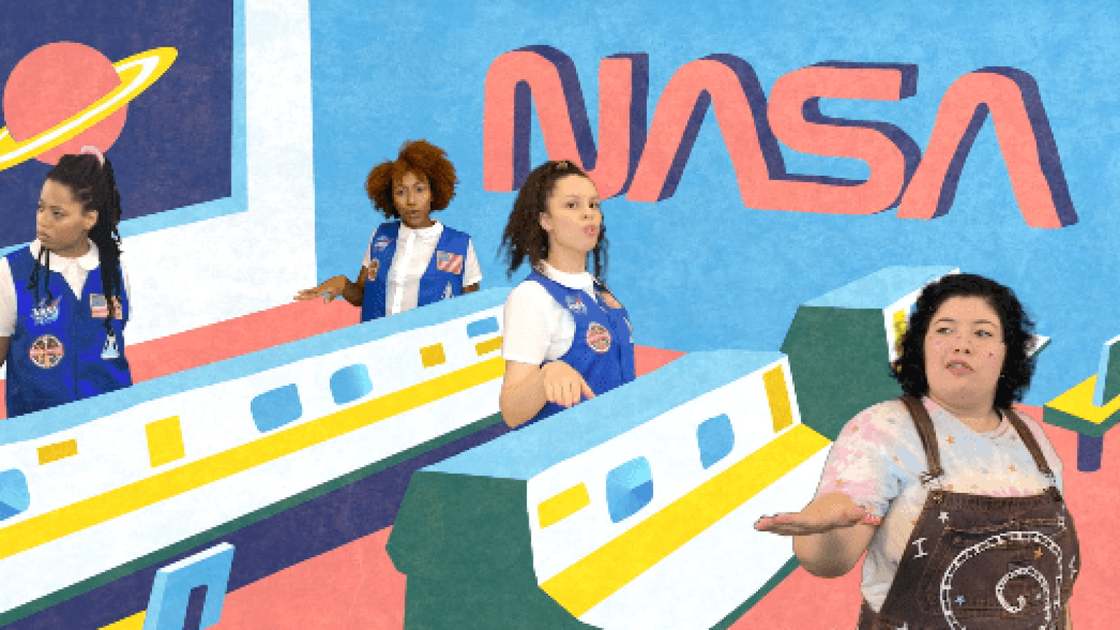 Four girls in NASA vests and a woman in overalls, in a stylized NASA classroom setting. "NASA" is prominently displayed.