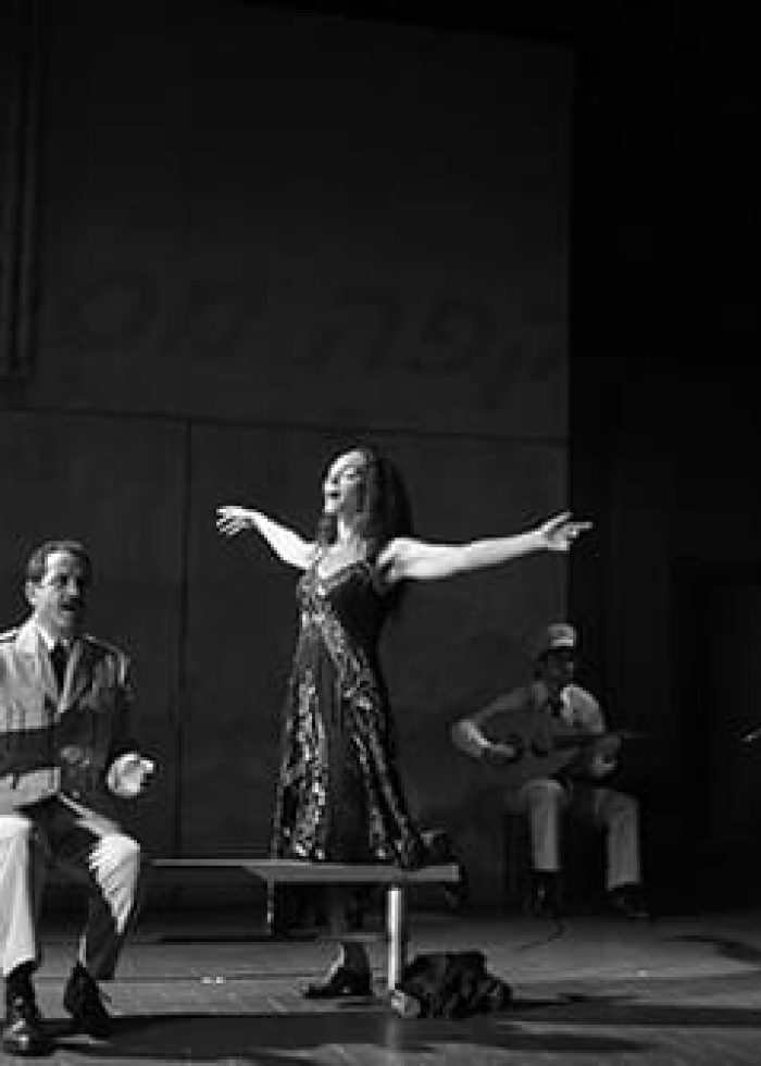 Scene from 'The Band's Visit' musical: a woman sings with musicians on stage.