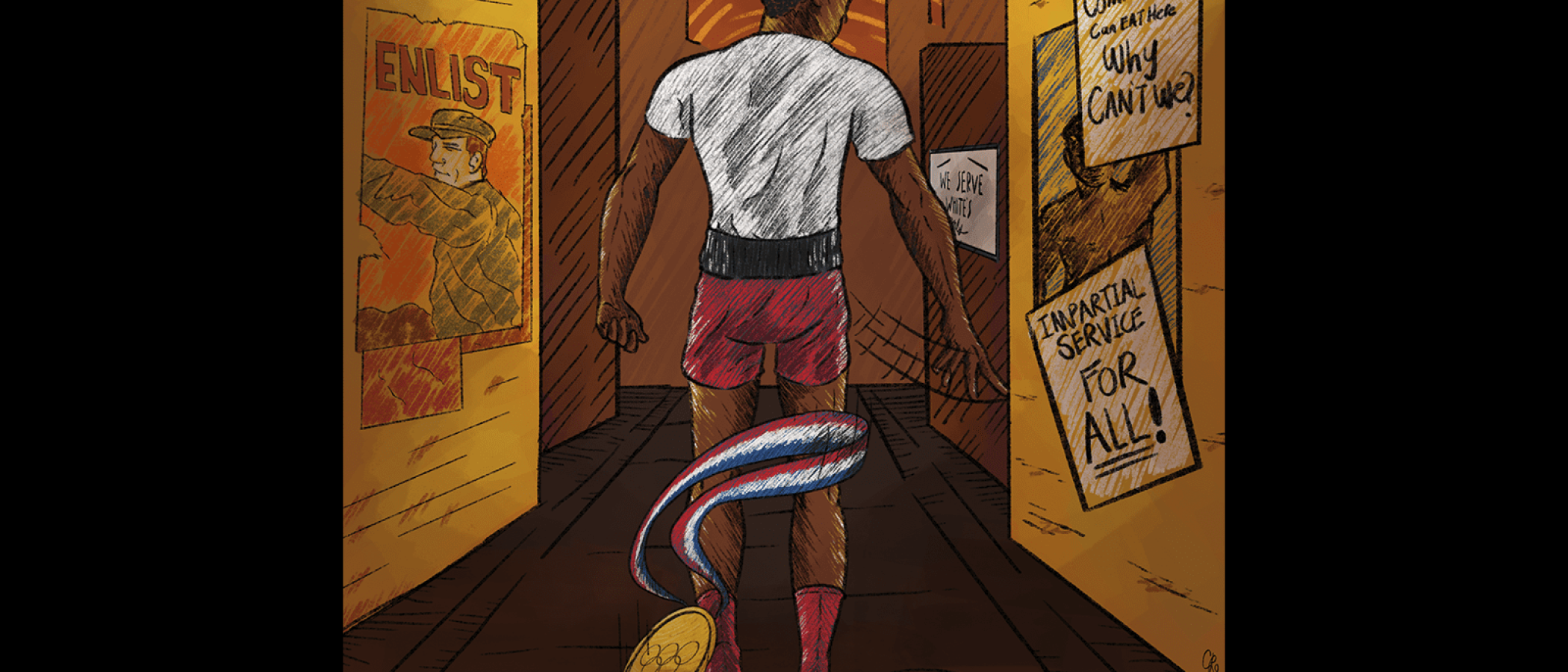 Cassius Clay, back turned, walks away from "Enlist" and "Impartial Service for All" posters, Olympic medal trailing.