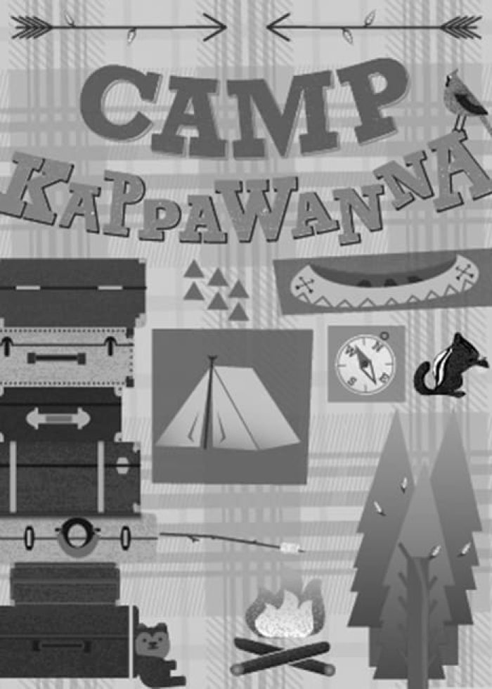 Camp Kawanna graphic with suitcases, tent, compass, campfire, and trees.