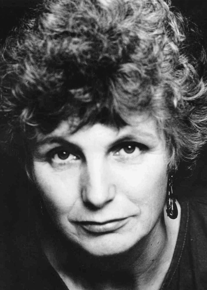 Caryl Churchill, playwright, portrait in black and white.