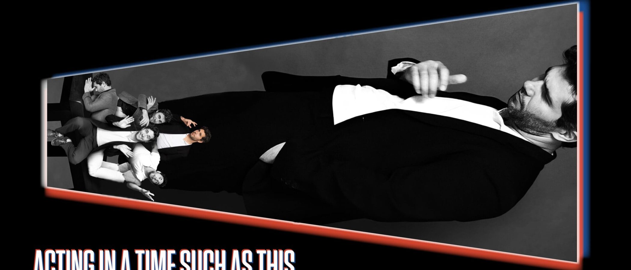 Actor in a suit, with smaller images of other actors, promoting "Acting in a Time Such as This" for the New York Comedy Festival.