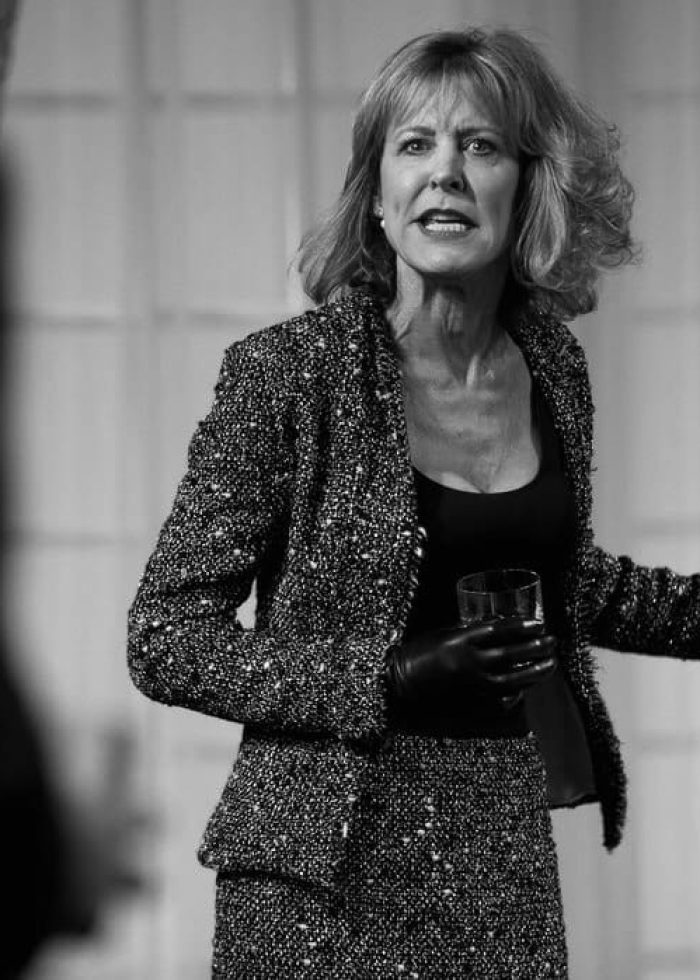 Woman in a tweed suit gestures during a dramatic scene. The blog title is "Dreams of Flying Dreams of Falling.