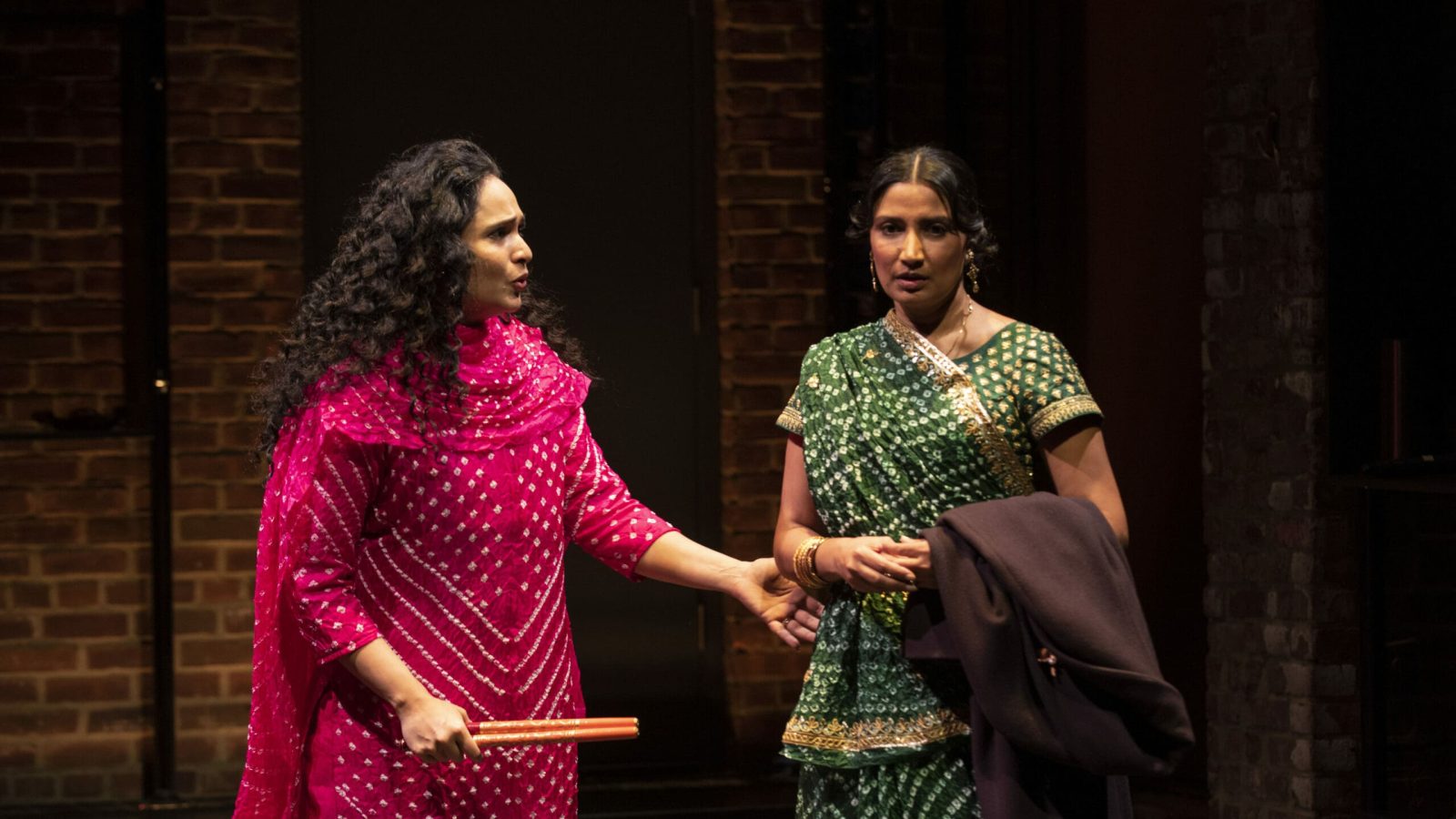 Two women in traditional Indian attire converse; one in pink, the other in green.