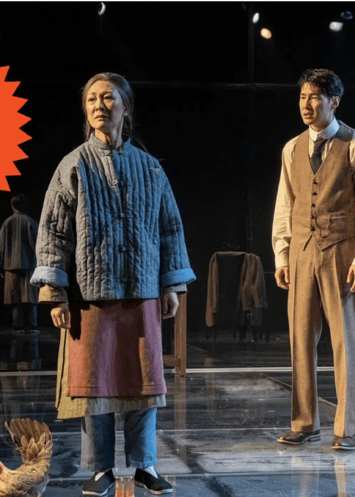 Actors in "The Far Country" stage production: A woman in a quilted jacket and a man in a vest. New York Times Critics' Pick.