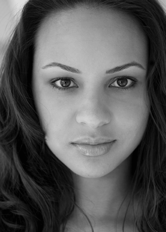 Jasmine Cephas Jones, close-up portrait in black and white