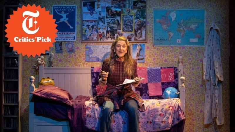 Kimberly Akimbo stage production: Woman on bed in a cluttered bedroom with "Critics' Pick" logo.