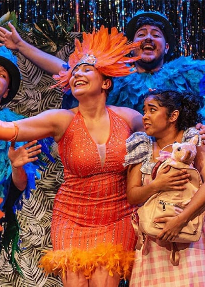 Cast of "El Otro Oz" musical, a Critics' Pick, in colorful costumes. The New York Times logo is visible.