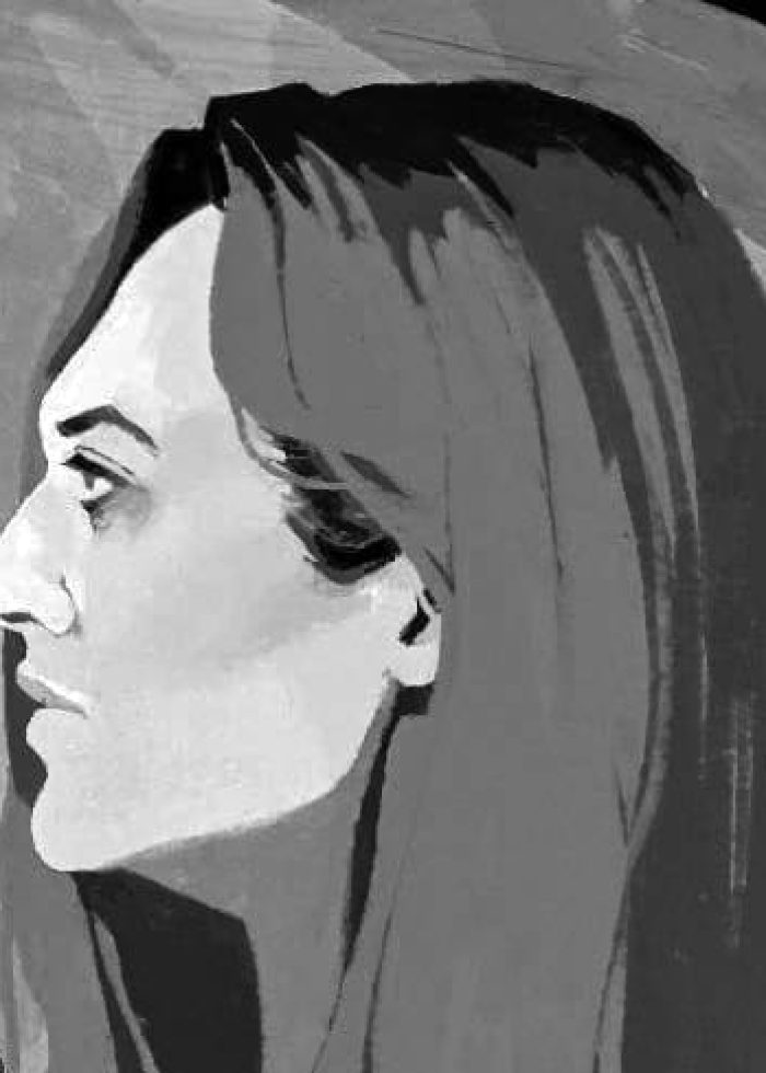 Black and white illustration of a woman in profile with mountains in the background.