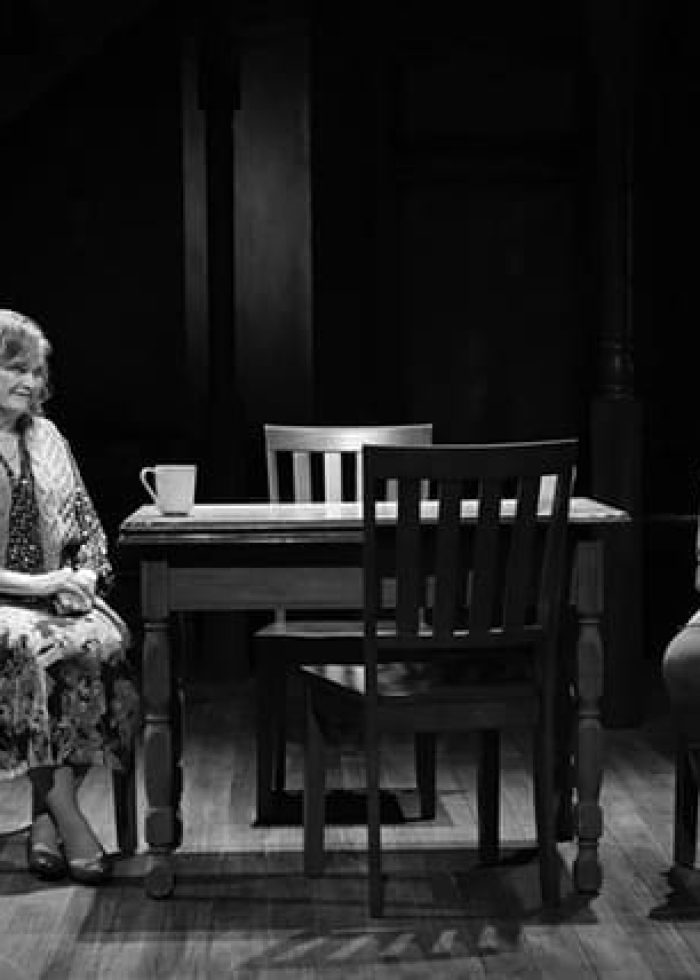 Two women seated at a table, likely in a play, from Aisle View: From the Wild Shore
