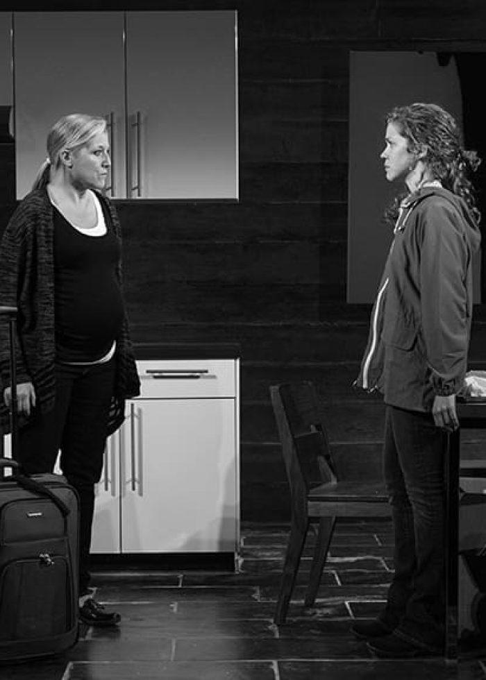 Two women in a kitchen, one pregnant with a suitcase, from the play "Our New Girl" review.