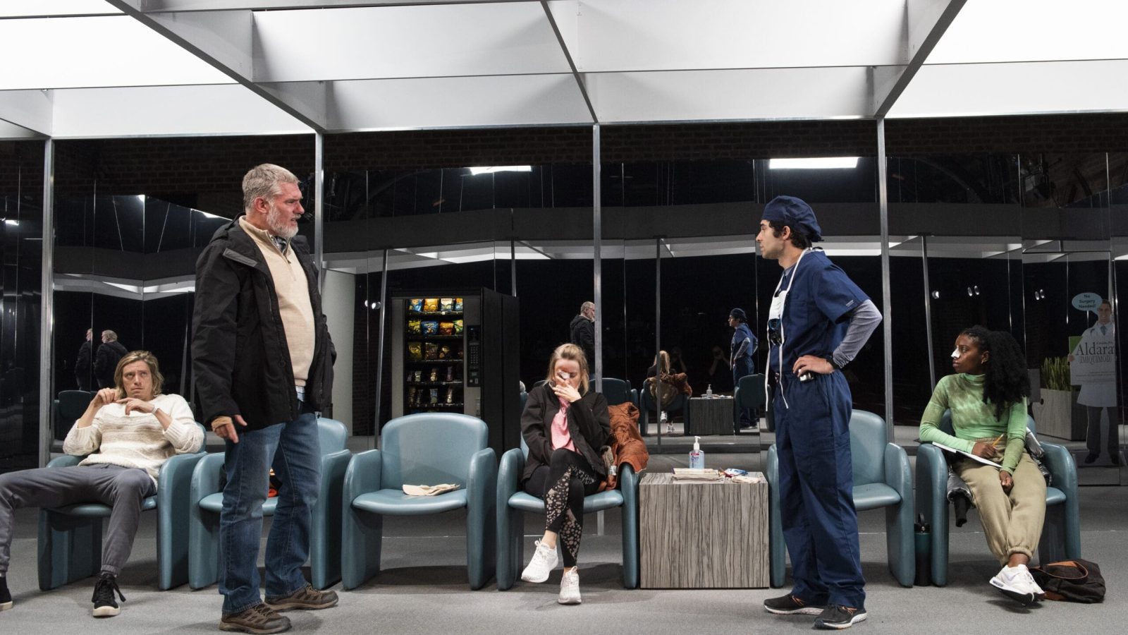 Patients and a doctor in a stark, modern waiting room. A sense of unease is palpable.