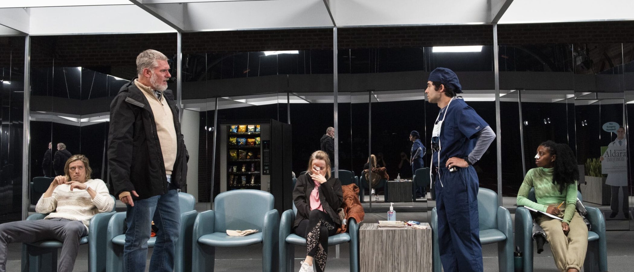 Patients and a doctor in a stark, modern waiting room. A sense of unease is palpable.