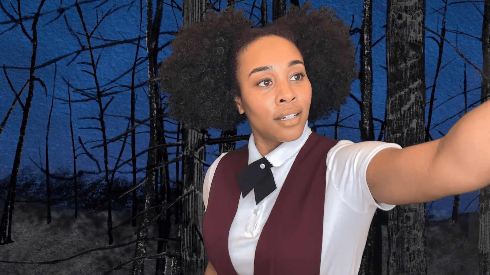 Young woman in "She Persisted" costume, virtual production