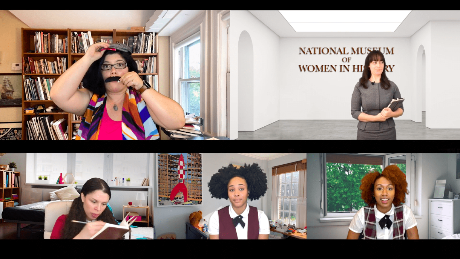 Four women in a video call; one woman presents "National Museum of Women in History".