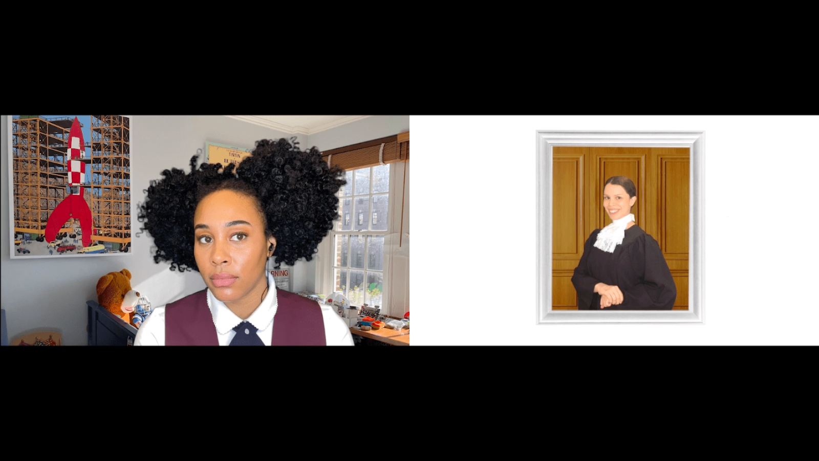 Split screen: A young woman on a video call; a framed portrait of a judge. She Persisted, The Musical.