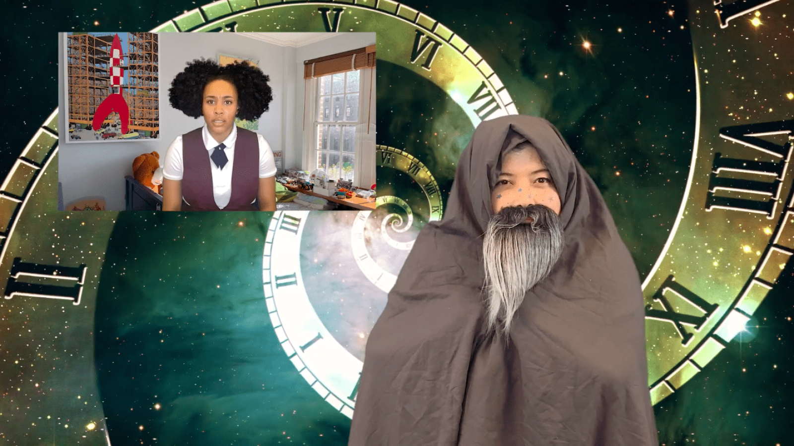 Virtual production of "She Persisted, The Musical," featuring a young woman and a time-traveler.