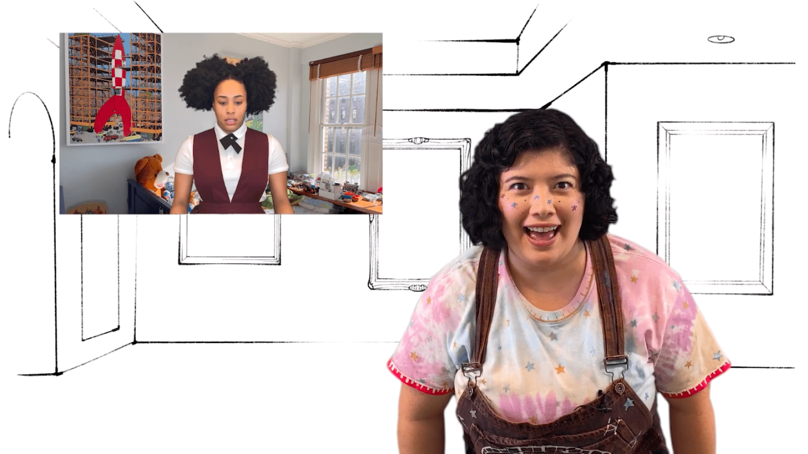Virtual production of She Persisted, The Musical; a young woman in overalls smiles next to a video call of a girl in a school uniform.