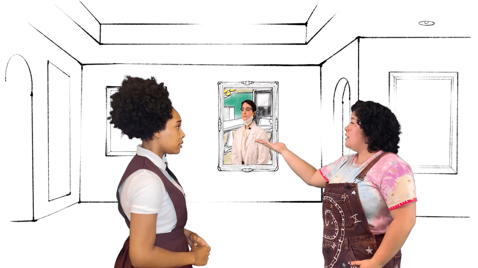 Two women discuss a portrait of a female doctor in a sketched room. "She Persisted" musical.