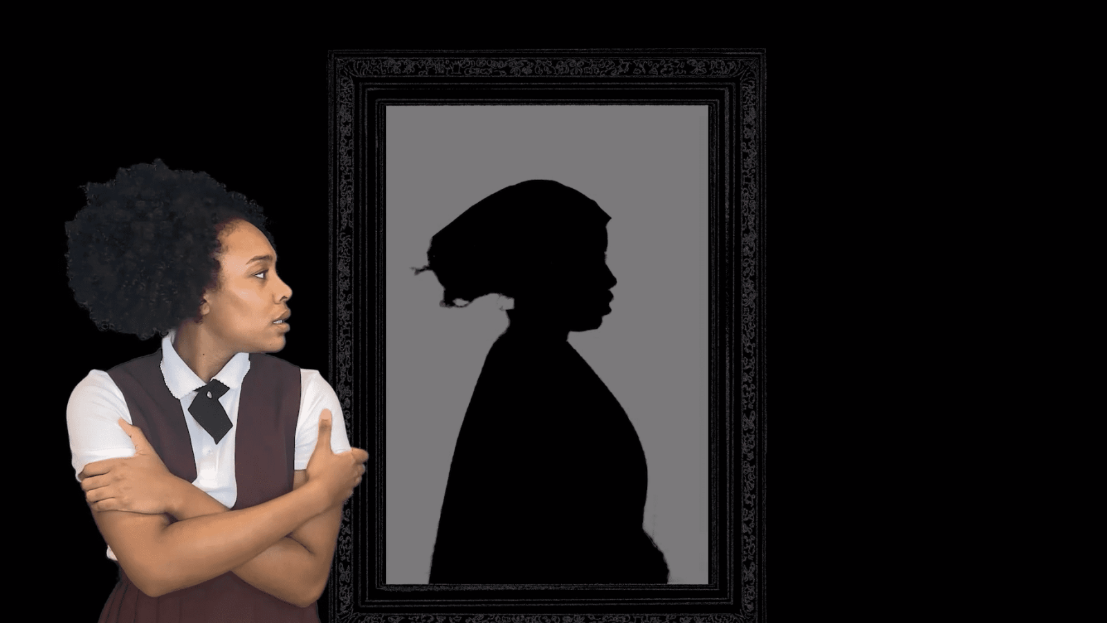 Young woman gazing at a silhouette portrait; "She Persisted" musical.