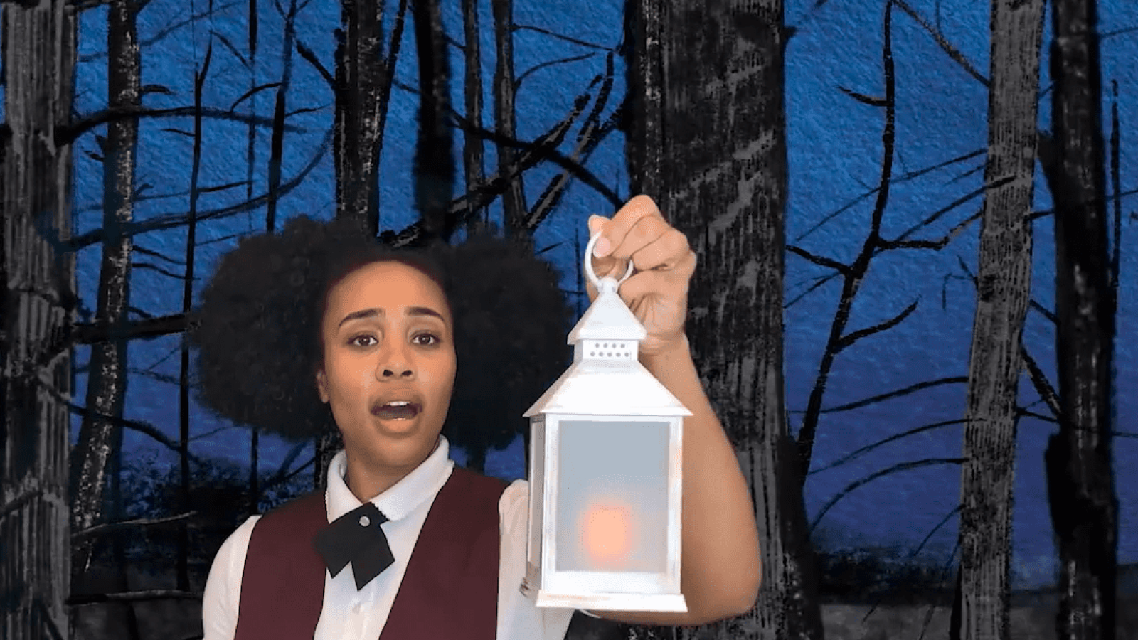 Young woman in a maroon vest holds a lantern in a dark forest setting. She Persisted musical.