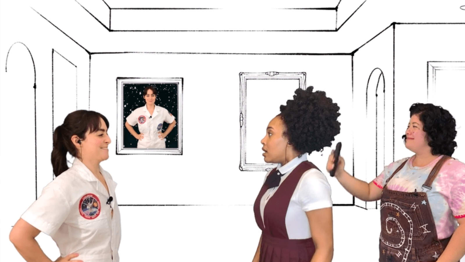 Three women in costume for a virtual production of "She Persisted," a musical. One woman is dressed as an astronaut.