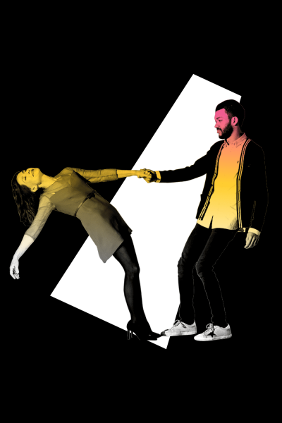 A man and woman holding hands, stylized graphic design.