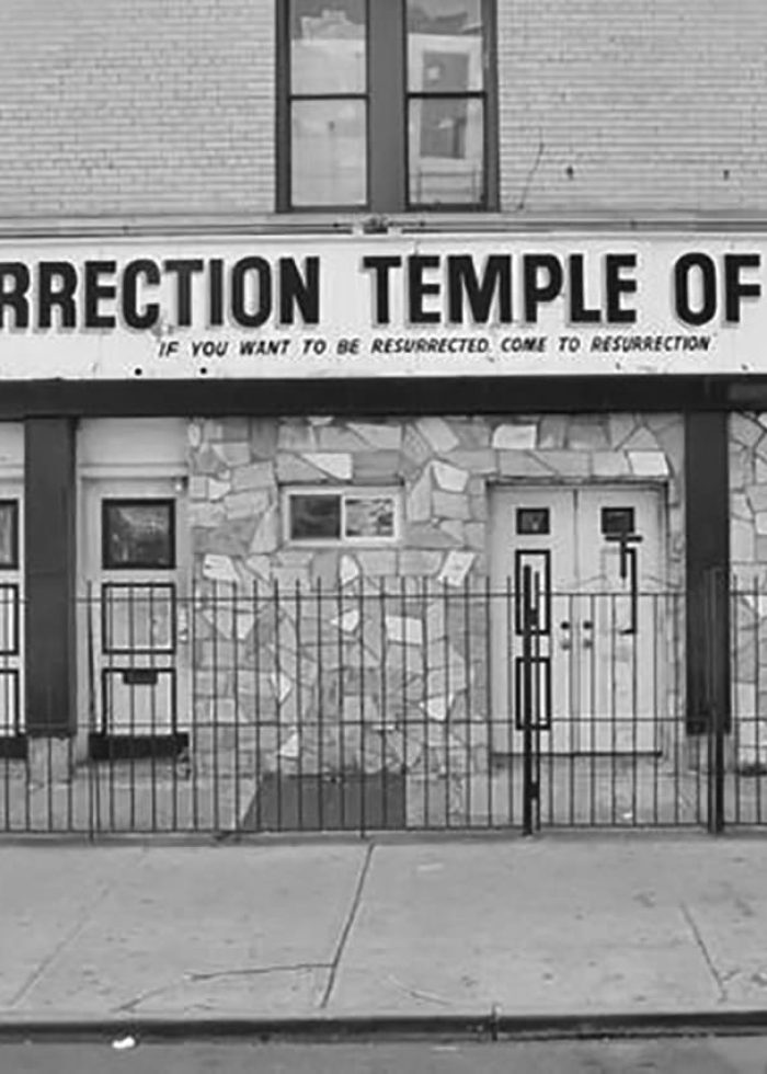 The Resurrection Temple of Our Lord storefront in the Bronx, with text "If you want to be resurrected, come to resurrection.