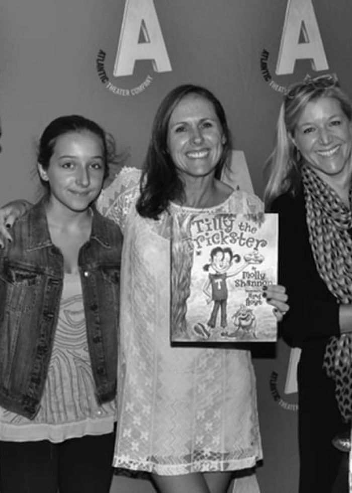 Molly Shannon with cast and book "Tilly the Trickster" at Atlantic Theater Company