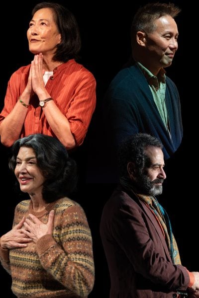 Four actors in a collage; woman in red, man in blue, woman in brown, man in brown coat.