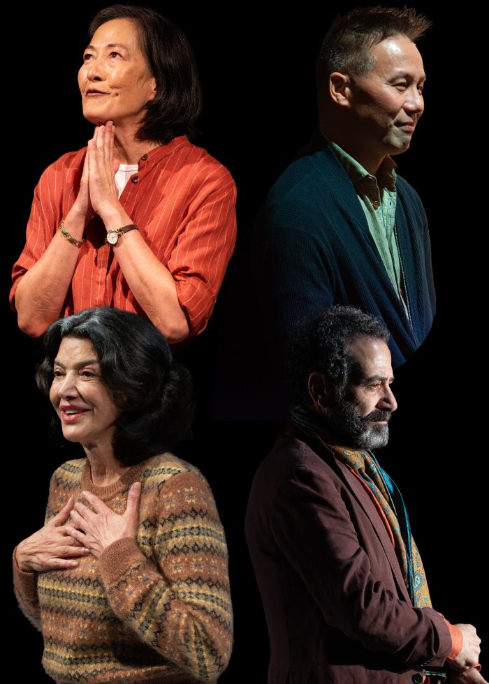 Four actors in a collage; woman in red, man in blue, woman in brown, man in brown coat.