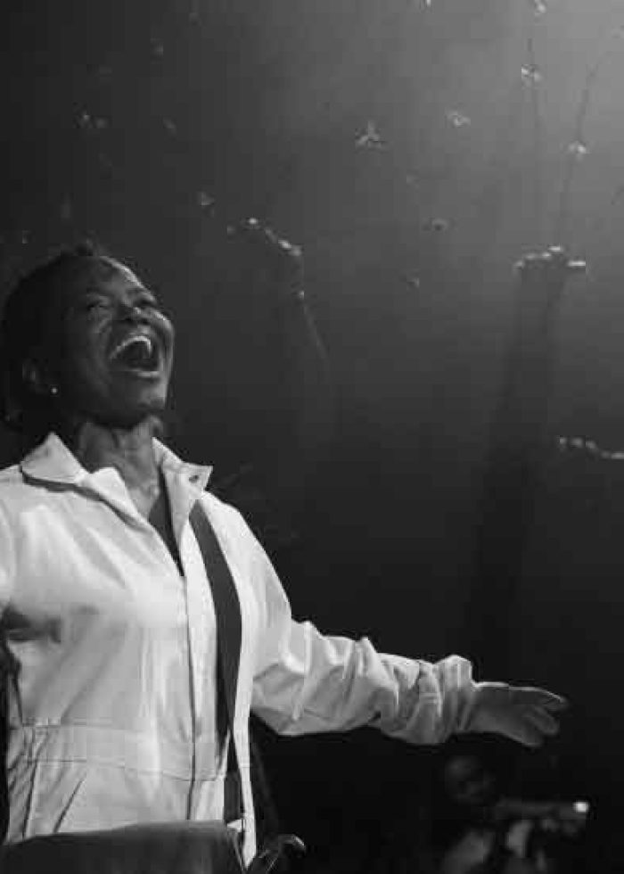 Woman singing on stage during a "Secret Life of Bees" musical performance, surrounded by bees.