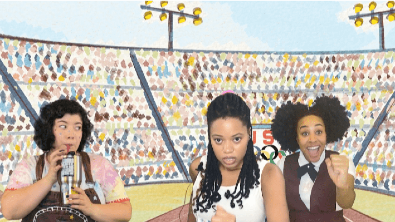 Three women react to a virtual "She Persisted" musical production, set against a cartoon stadium backdrop.