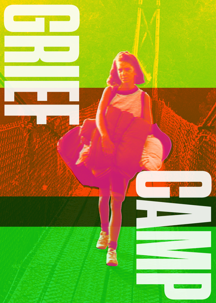 Poster for "Grief Camp" featuring a young girl carrying a bag, with text overlay.