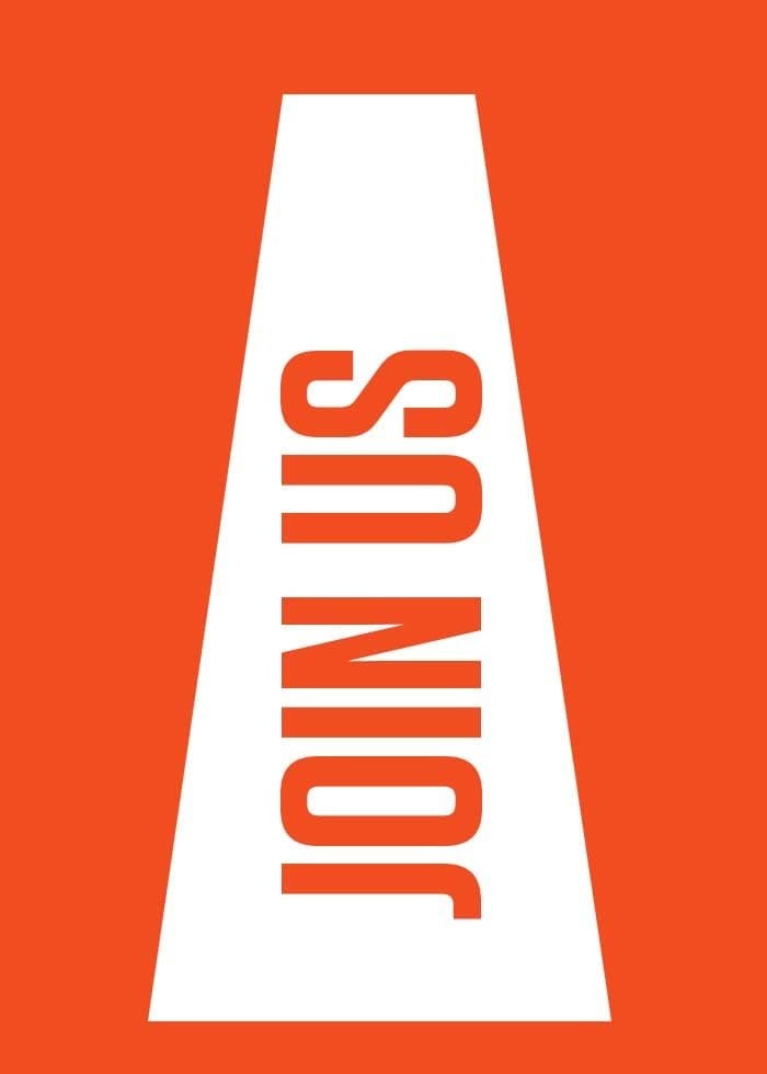 Orange background with a white traffic cone shape containing the text "JOIN US".