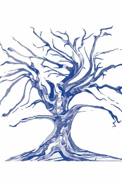Blue watercolor drawing of a bare tree on a white background.