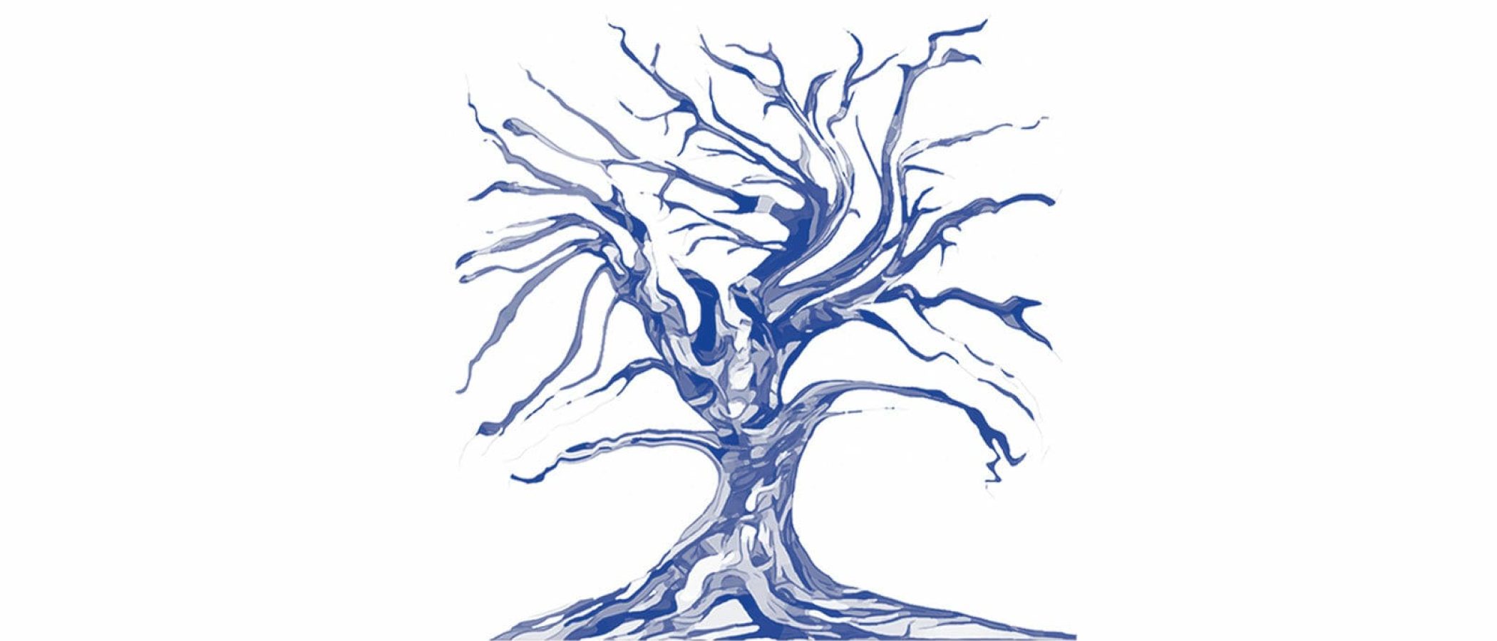 Blue watercolor drawing of a bare tree on a white background.
