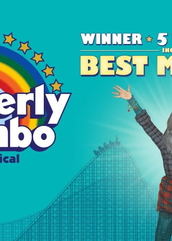 Kimberly Akimbo musical poster, winner of 5 Tony Awards including Best Musical. Artwork features a roller coaster and a person with arms raised.